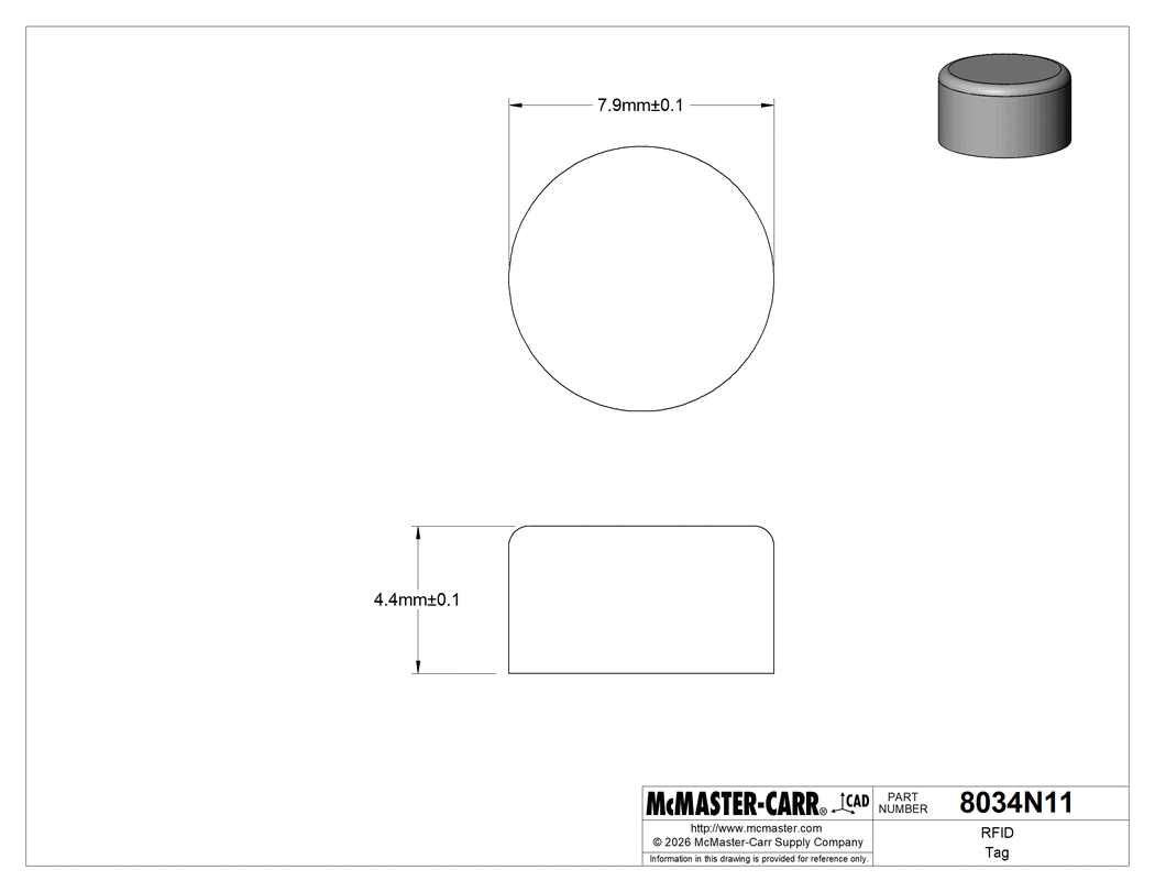 Technical Drawing of RFID Tag, Adhesive Ready, High Frequency, 8 mm Diameter.
